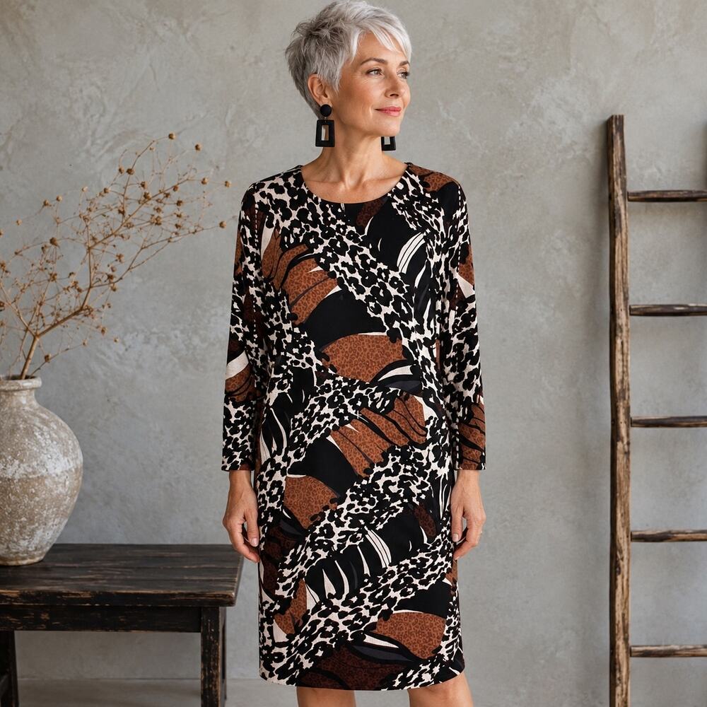 Chico's Black White Brown Animal Print Stretch Knit  Shift Dress  4